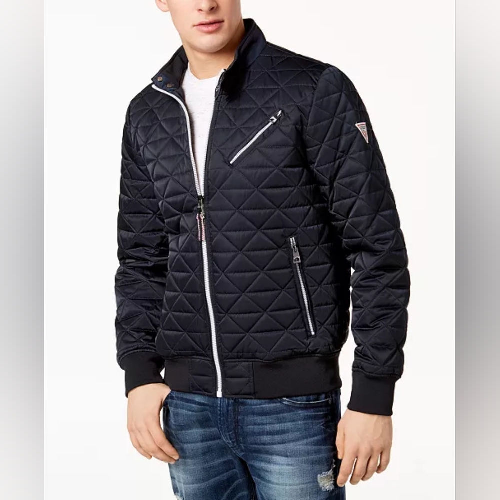 GUESS Men's Water-Resistant Quilted Bomber Jacket XL Blue